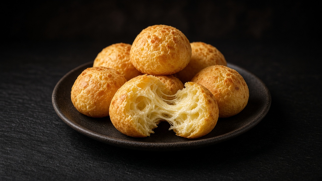 A dark plate of round golden cheese rolls, one pulled apart to show a soft, stretchy, cheesy interior.