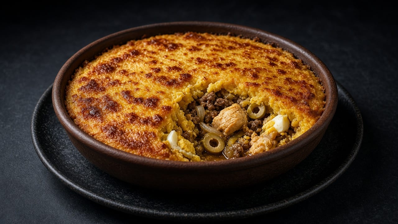 A dark earthenware dish of bake with a golden, caramelised sweetcorn crust, cut open to show beef mince, chicken, green olives and egg underneath.