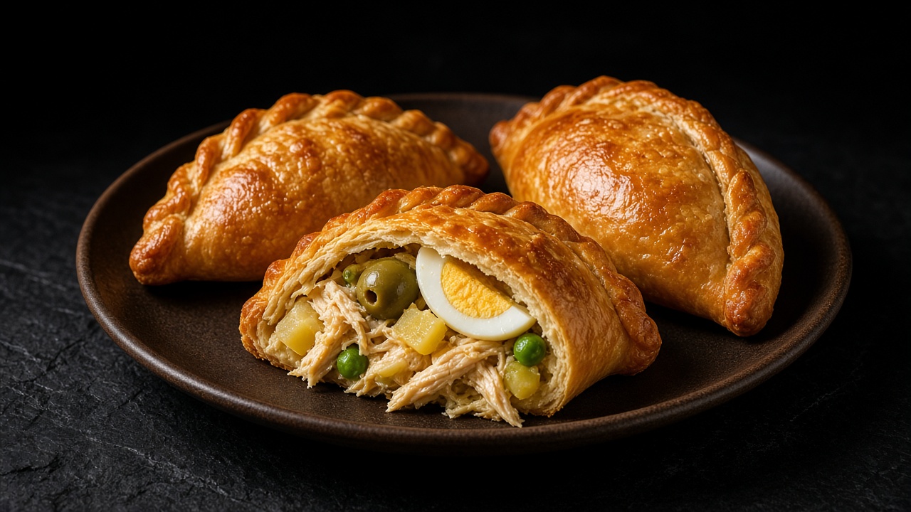 Golden baked hand pies with a rope-twisted seam, one opened to show chicken, egg, olive and peas inside.