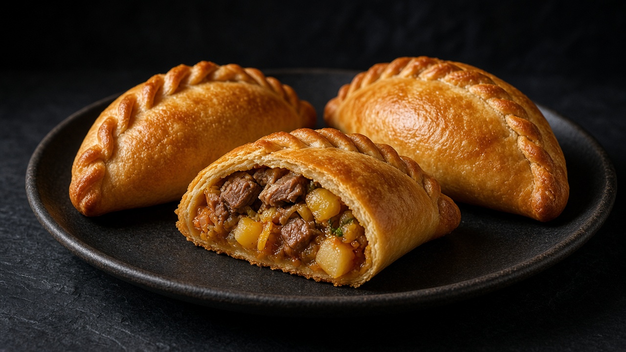 A golden, football-shaped baked pastry parcel with crimped edges, cut open to show a juicy beef, egg and olive filling.