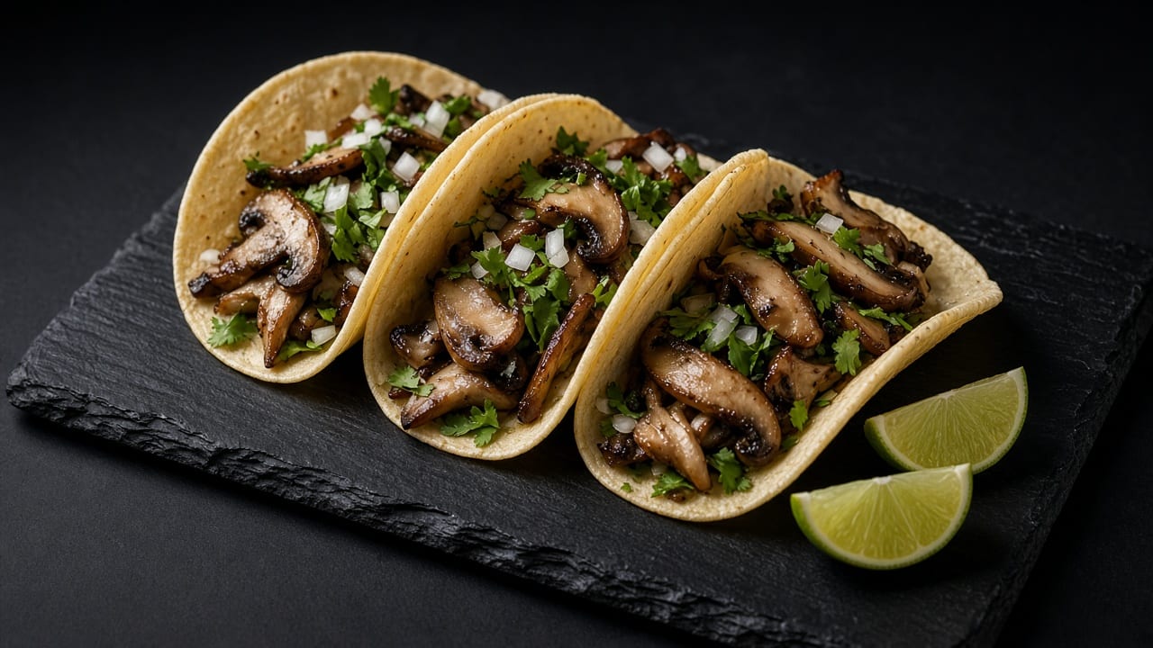 Three corn tacos on a dark slate filled with browned sliced mushrooms, chopped onion and coriander, with lime wedges.