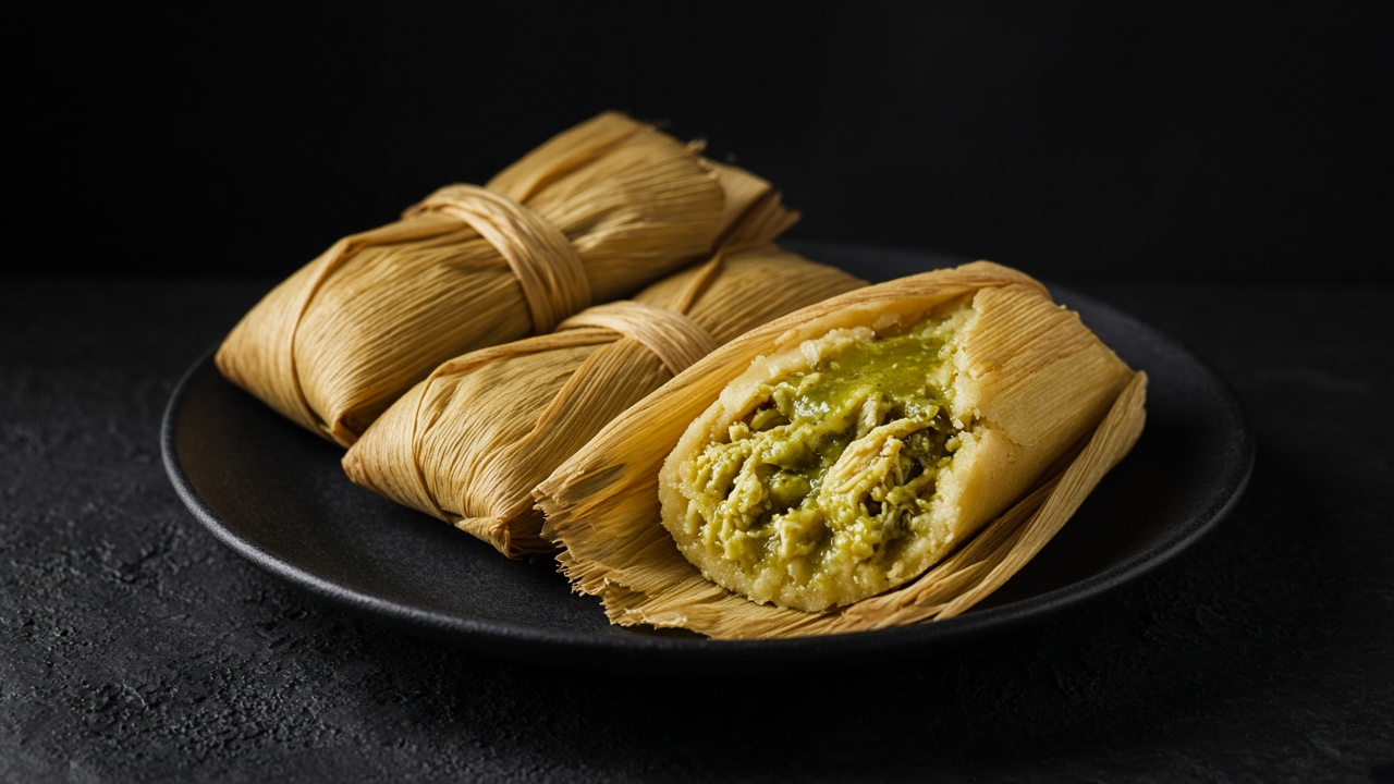 Tamales tied in corn husks on a dark plate, one unwrapped to show soft masa filled with chicken in green tomatillo salsa.