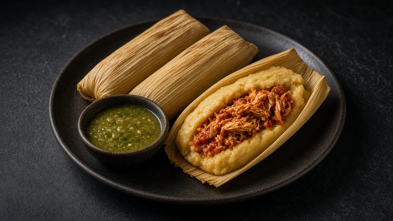 Three corn-husk-wrapped tamales on a dark plate, one opened to show soft masa filled with shredded chicken in red chilli sauce, with a small bowl of green salsa.
