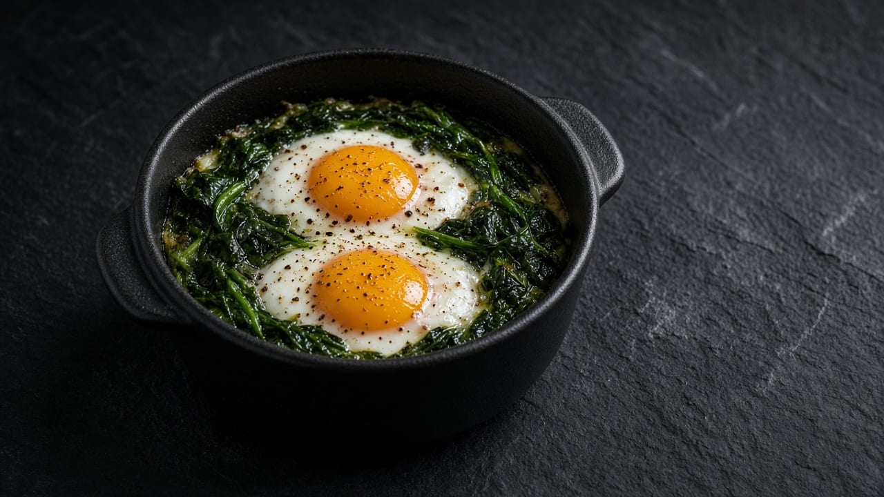 Two baked eggs nestled in creamy spinach in a dark ramekin, sprinkled with black pepper.