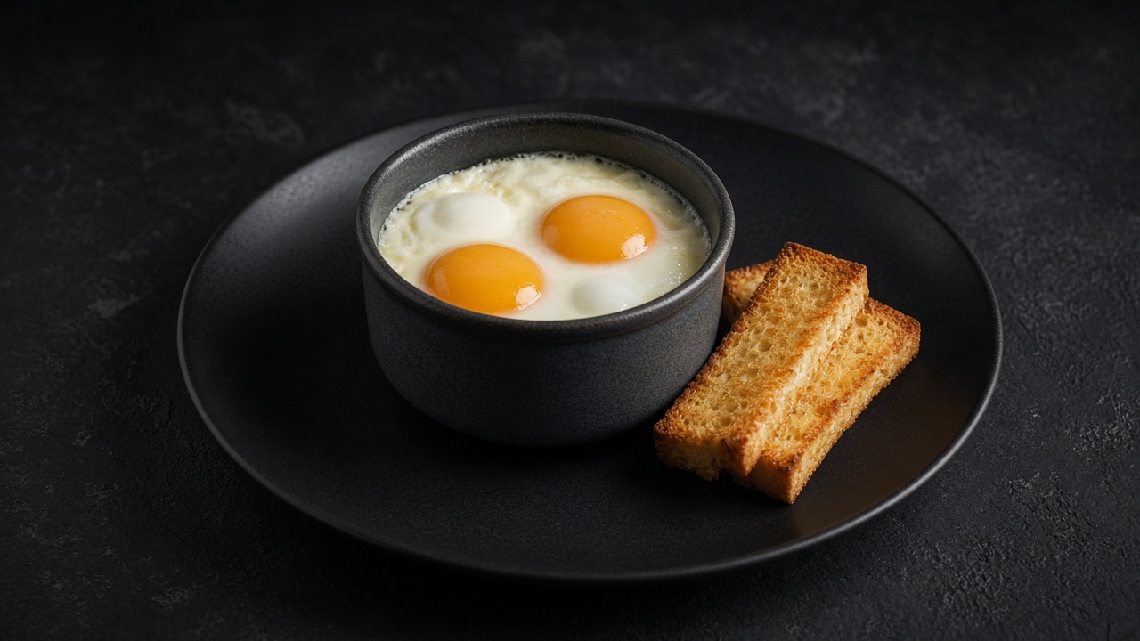 A dark ramekin holding two baked eggs, with fingers of toast alongside on a dark plate.