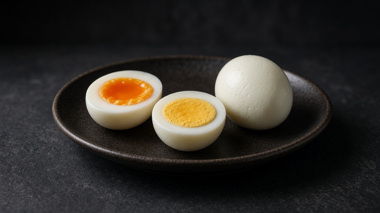 Two halves of a hard-boiled egg and a whole peeled egg on a dark plate.