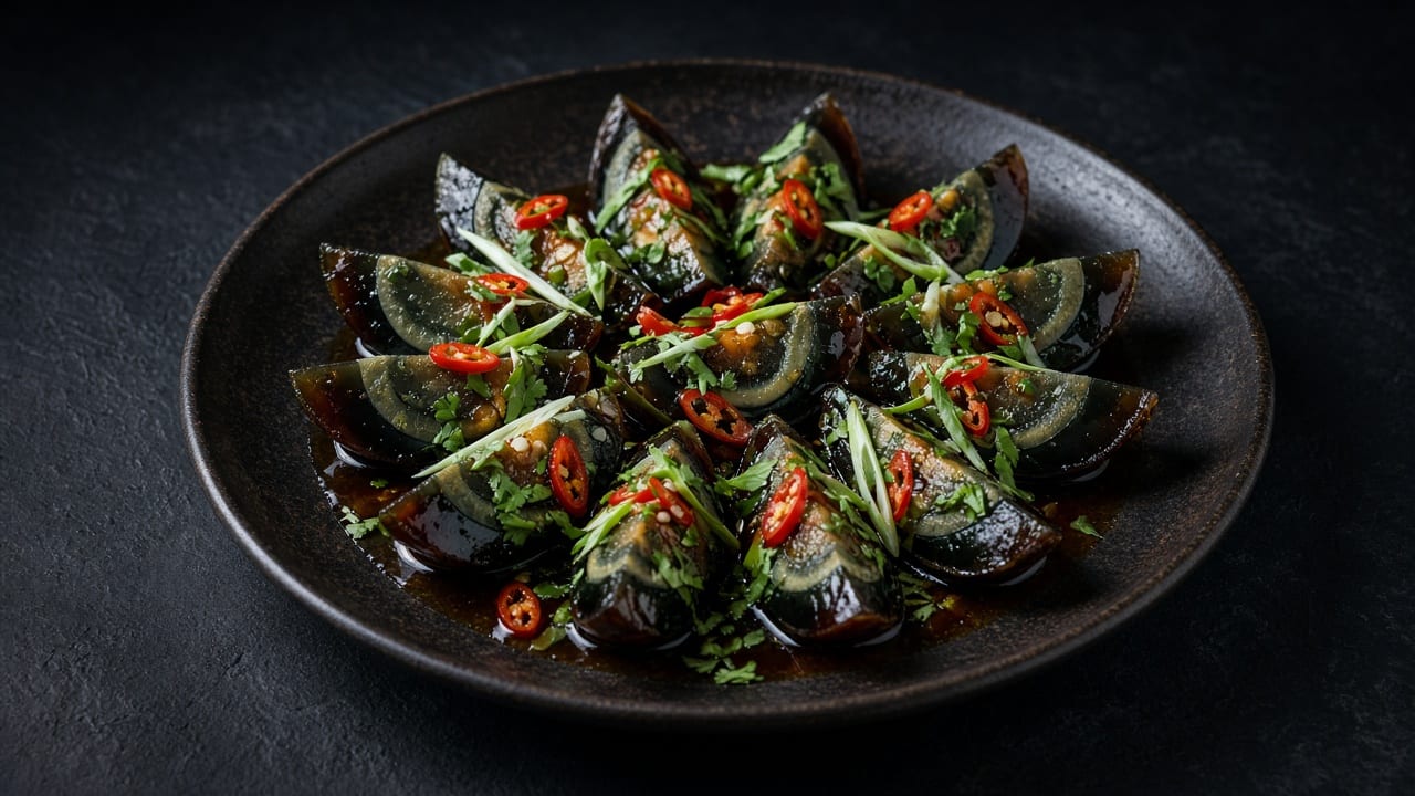 Wedges of dark amber century egg on a plate, dressed with soy and topped with red chilli and spring onion.
