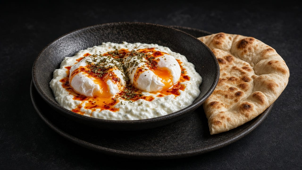 Two poached eggs on a bed of garlic yoghurt drizzled with red chilli butter and herbs, with a torn flatbread beside the bowl.