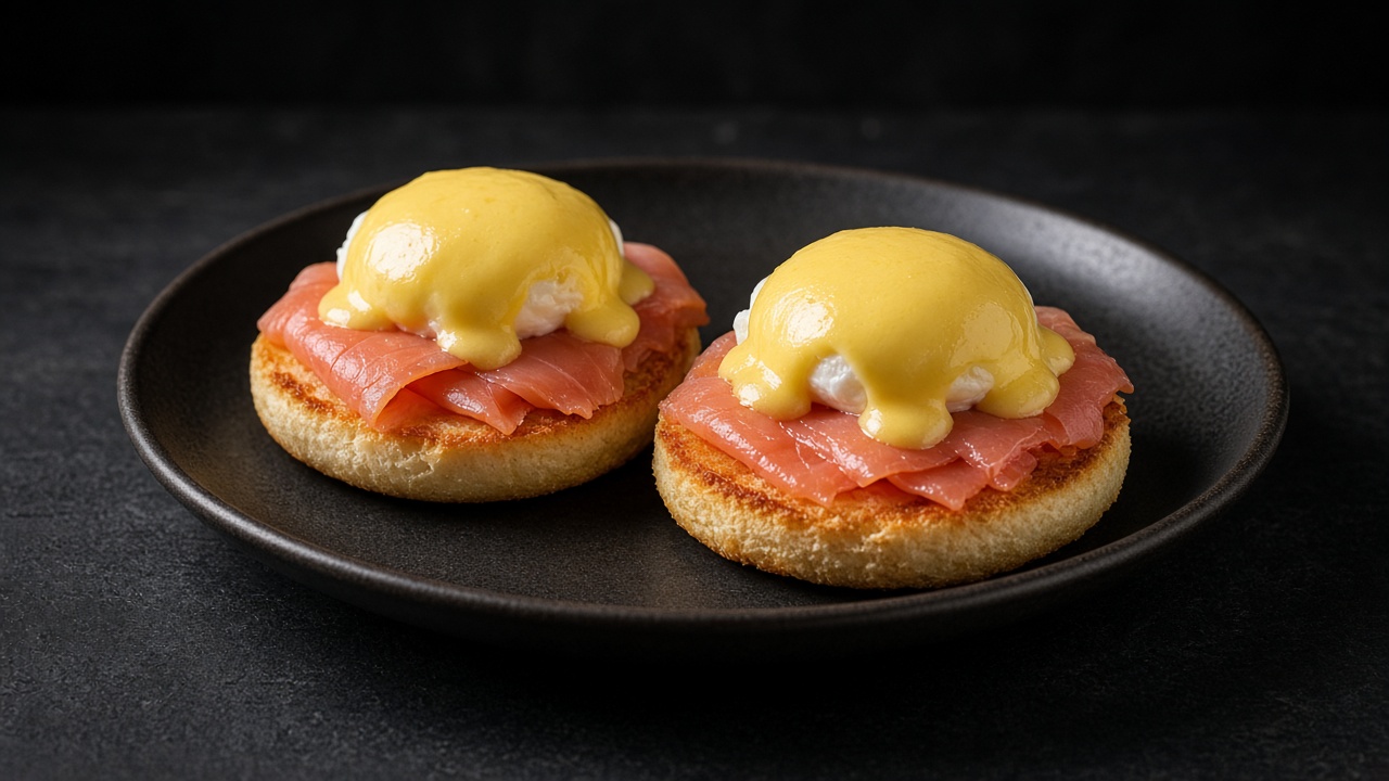 Two toasted English muffin halves topped with smoked salmon and poached eggs under glossy yellow hollandaise.