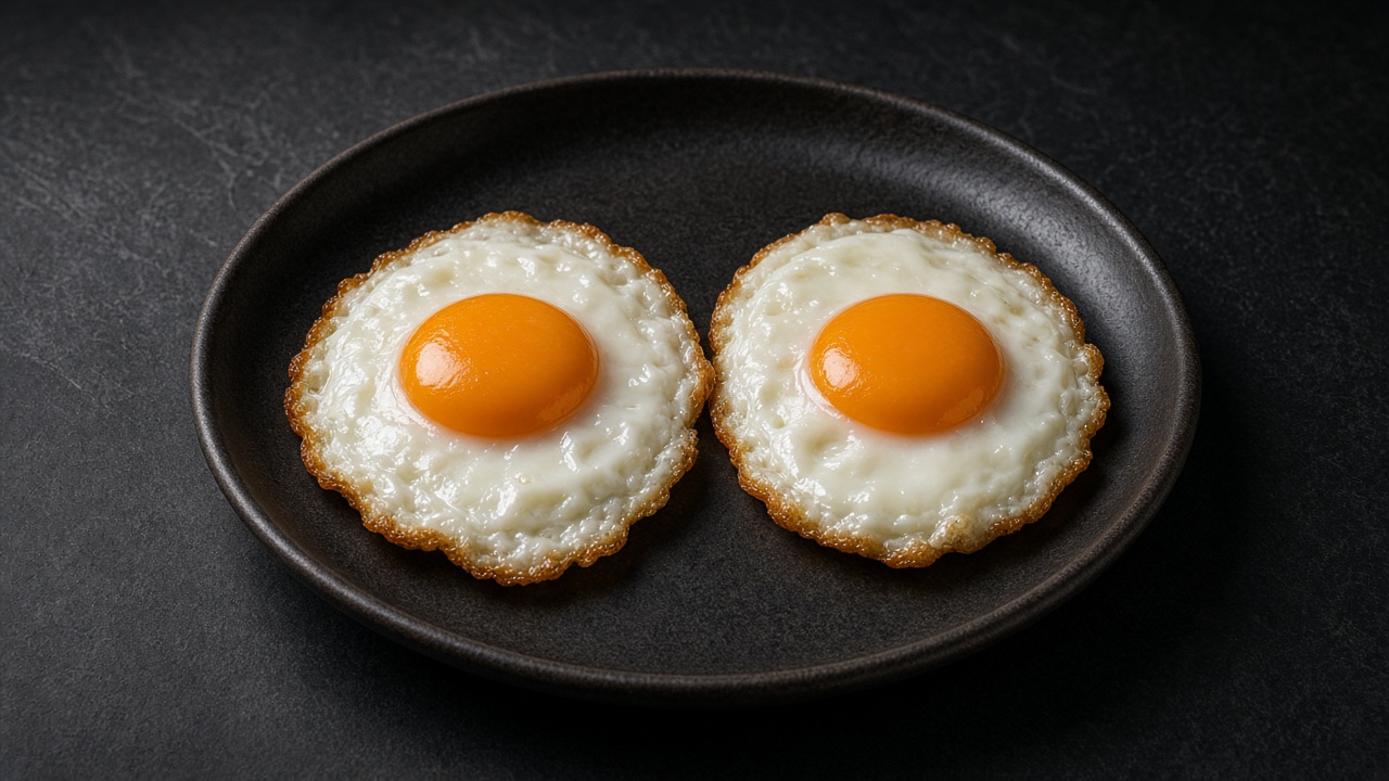 Two fried eggs with golden, crisp lacy edges and bright yolks on a dark plate.