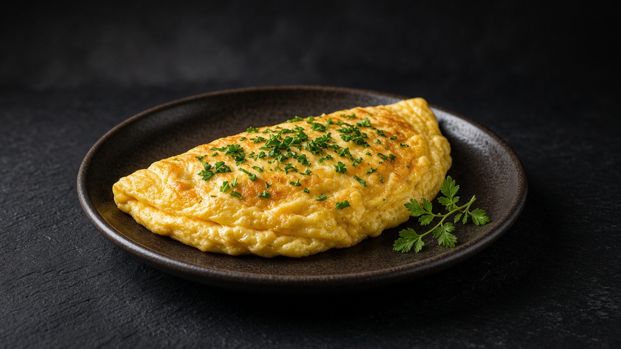 A golden folded omelette flecked with chopped fresh herbs on a dark plate, with a sprig of parsley.