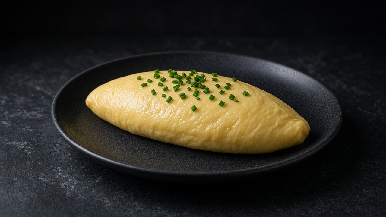 A smooth, pale golden folded omelette on a dark plate, scattered with snipped chives.