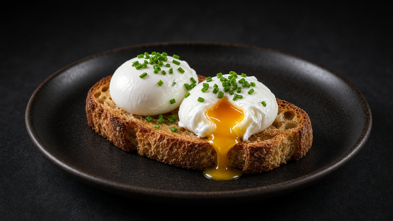 Two poached eggs on a thick slice of toasted sourdough, sprinkled with chopped chives.