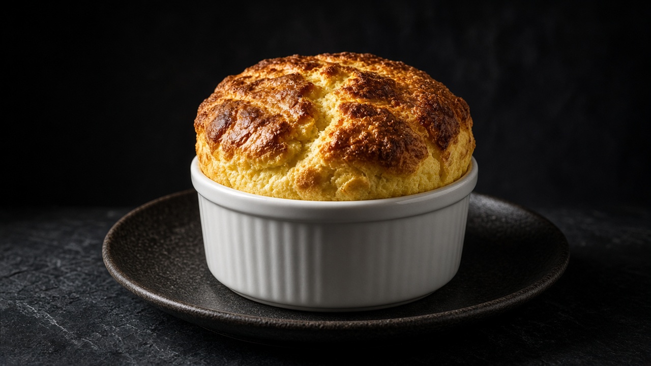 A tall golden cheese soufflé risen high above a white fluted soufflé dish.