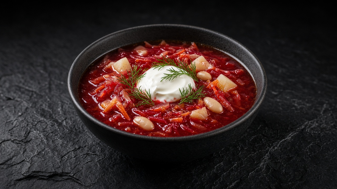 A bowl of deep red borscht with beetroot and carrot strips, potato cubes and white beans, topped with sour cream and dill.