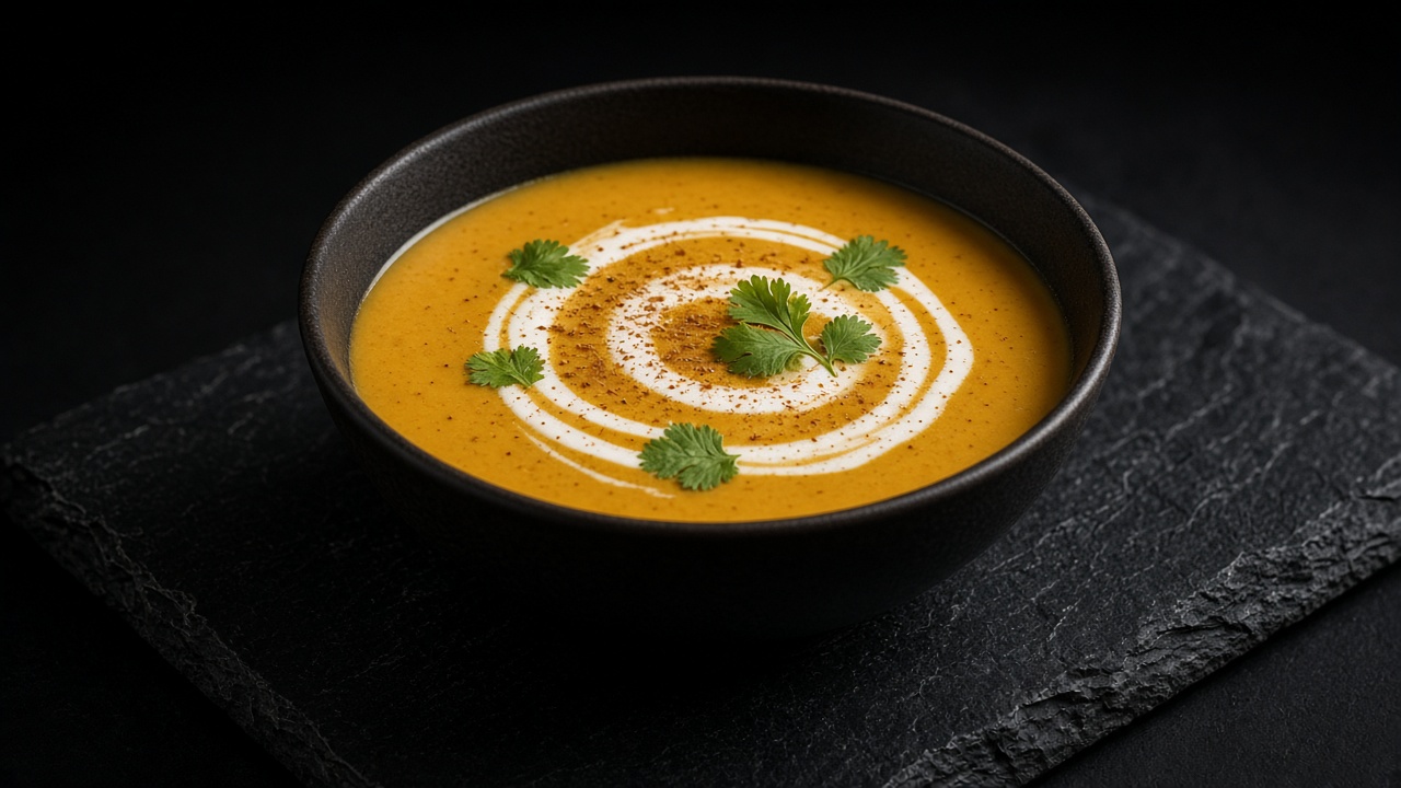 A dark bowl of golden curried squash soup with a coconut milk swirl, coriander leaves and a pinch of spice.