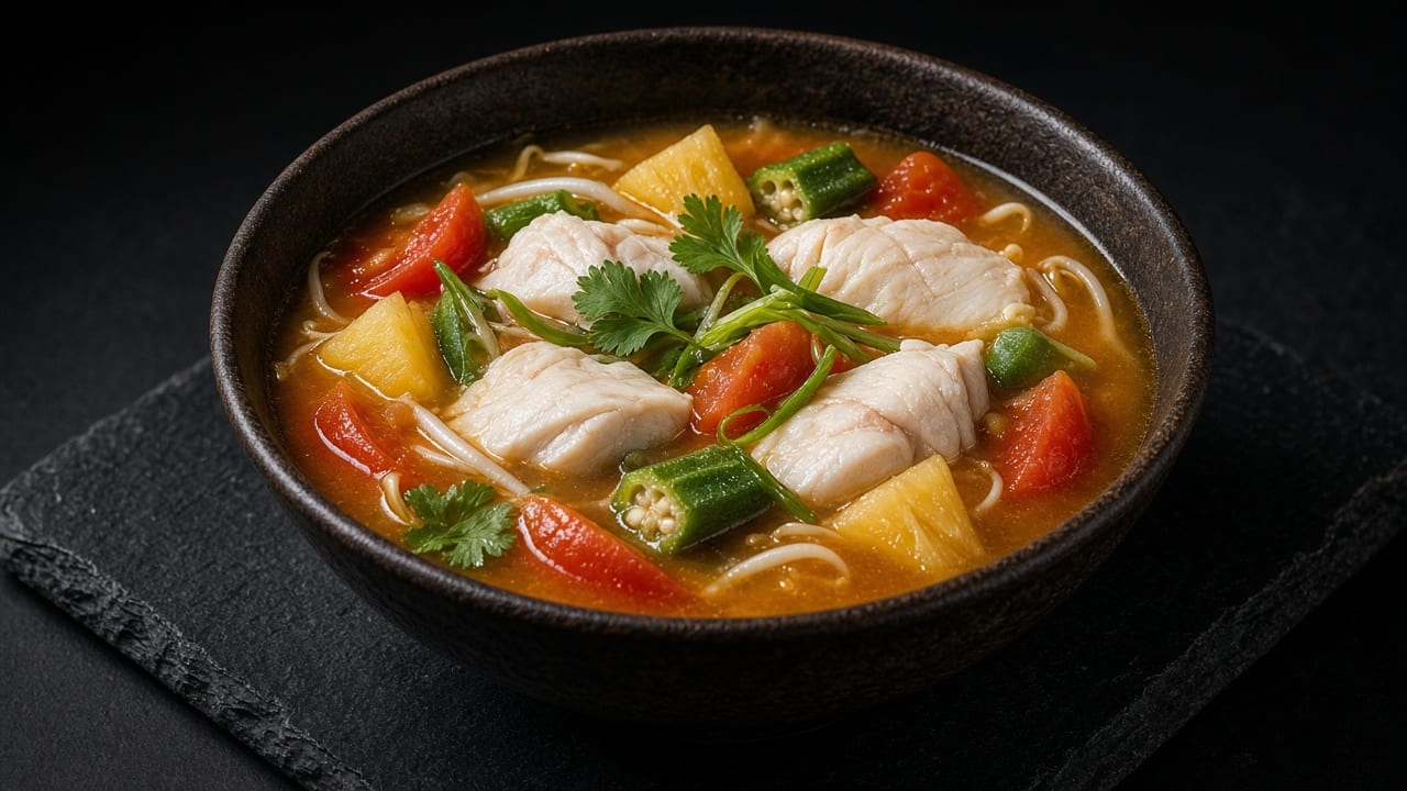 A bowl of tomato-tinted sour soup with chunks of white fish, pineapple, tomato, okra, bean sprouts, coriander and spring onion.