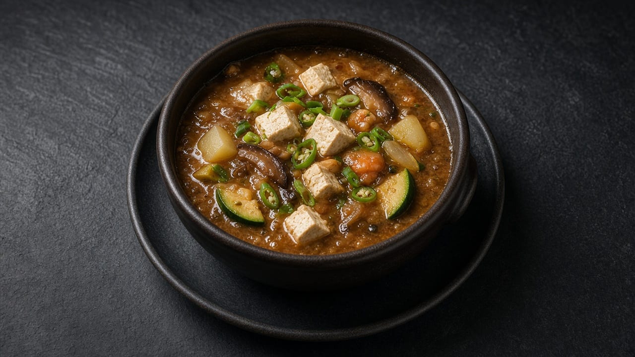 A bowl of brown soybean paste stew with cubes of tofu, potato and courgette, shiitake and rings of green chilli.