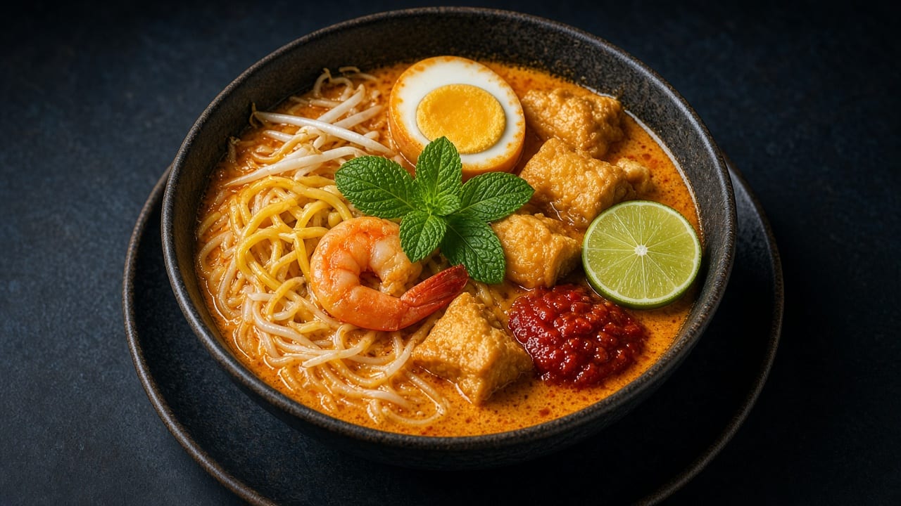 A bowl of orange coconut curry laksa with noodles, prawns, tofu puffs, a halved boiled egg, bean sprouts, mint, lime and chilli sambal.