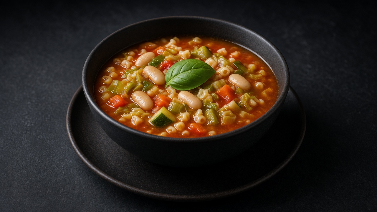 A dark bowl of tomato-based bean and vegetable soup with small pasta and white beans, topped with a basil leaf.
