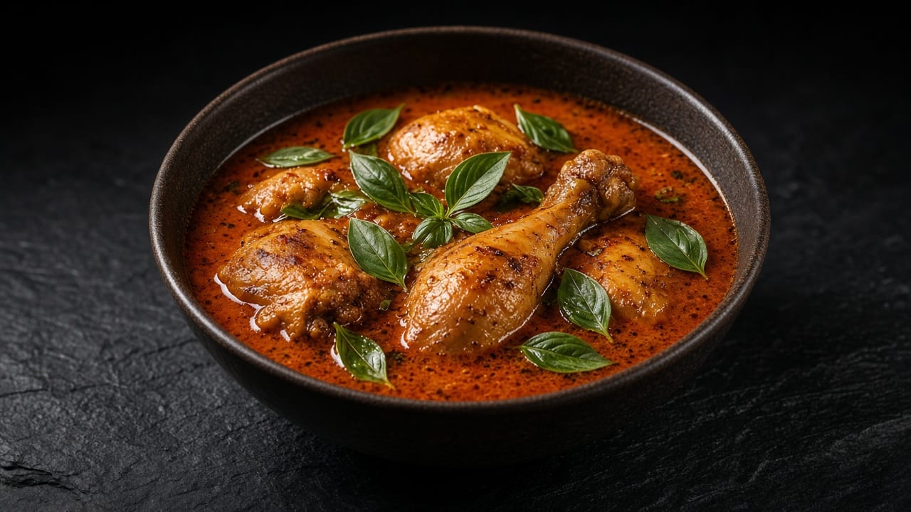 A bowl of orange-red pepper soup with chicken drumsticks and fresh basil leaves.
