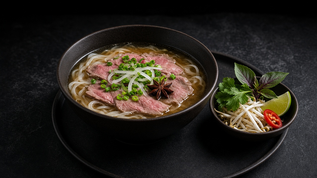 A deep bowl of clear beef pho with rice noodles, thin slices of beef, shredded shank, spring onion and coriander, with lime and herbs alongside.