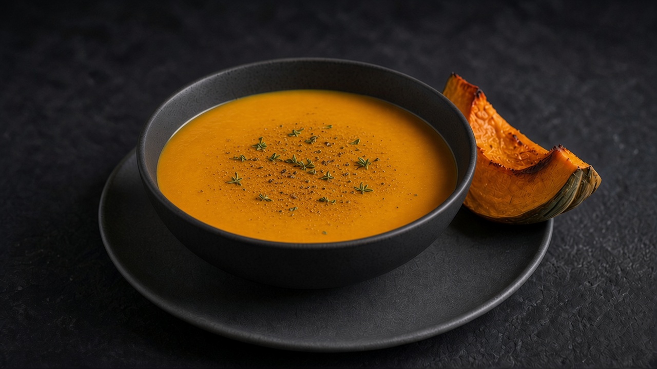 A bowl of smooth orange pumpkin soup topped with thyme leaves and black pepper, with a roasted pumpkin wedge beside it.