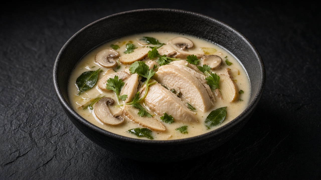 A dark bowl of pale coconut broth with slices of poached chicken breast, sliced mushrooms, galangal, lime leaves and coriander.