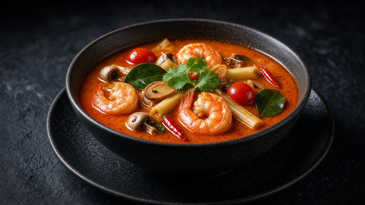 A bowl of clear, reddish hot and sour broth with pink prawns, mushrooms, cherry tomatoes, lemongrass and coriander leaves.