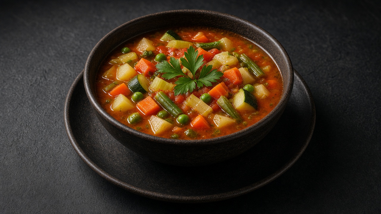 A dark bowl of chunky vegetable soup with diced carrot, courgette, potato and green beans in a tomato broth, topped with herbs.