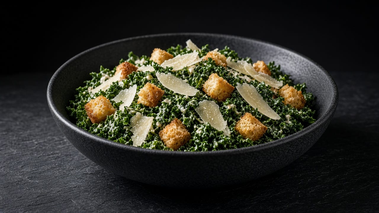 Finely chopped dark kale topped with croutons and thin cheese shavings.