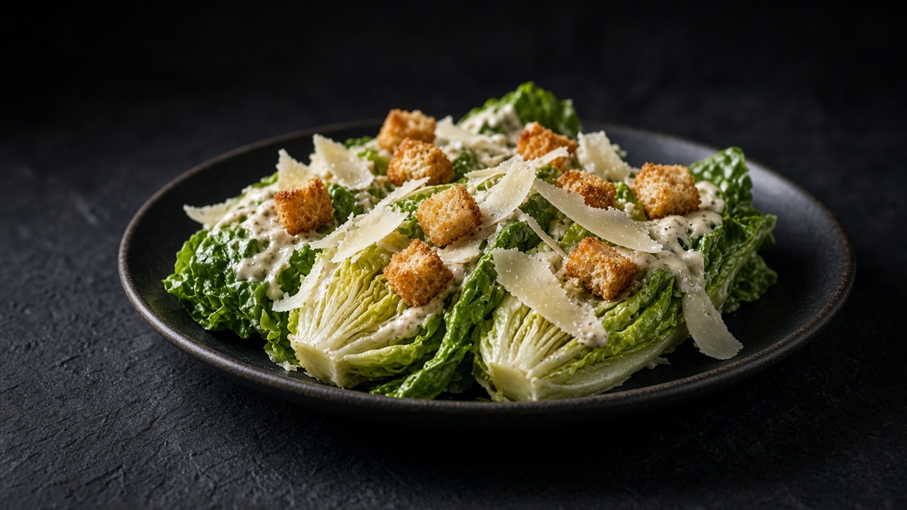 Romaine leaves with creamy dressing, golden croutons and cheese shavings.