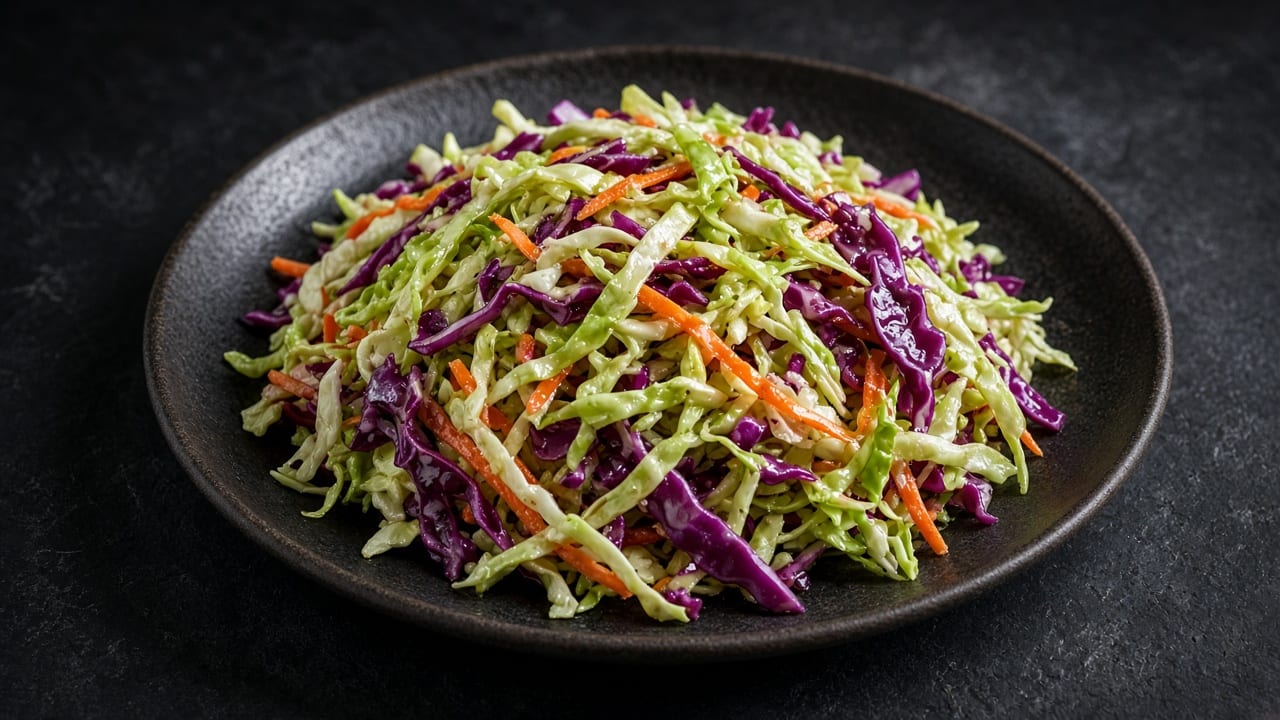 Finely shredded green and red cabbage with carrot strips in a black bowl.
