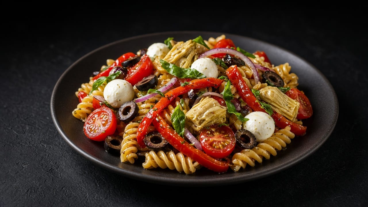Fusilli tossed with red pepper strips, cherry tomatoes, mini mozzarella balls, black olives and basil.