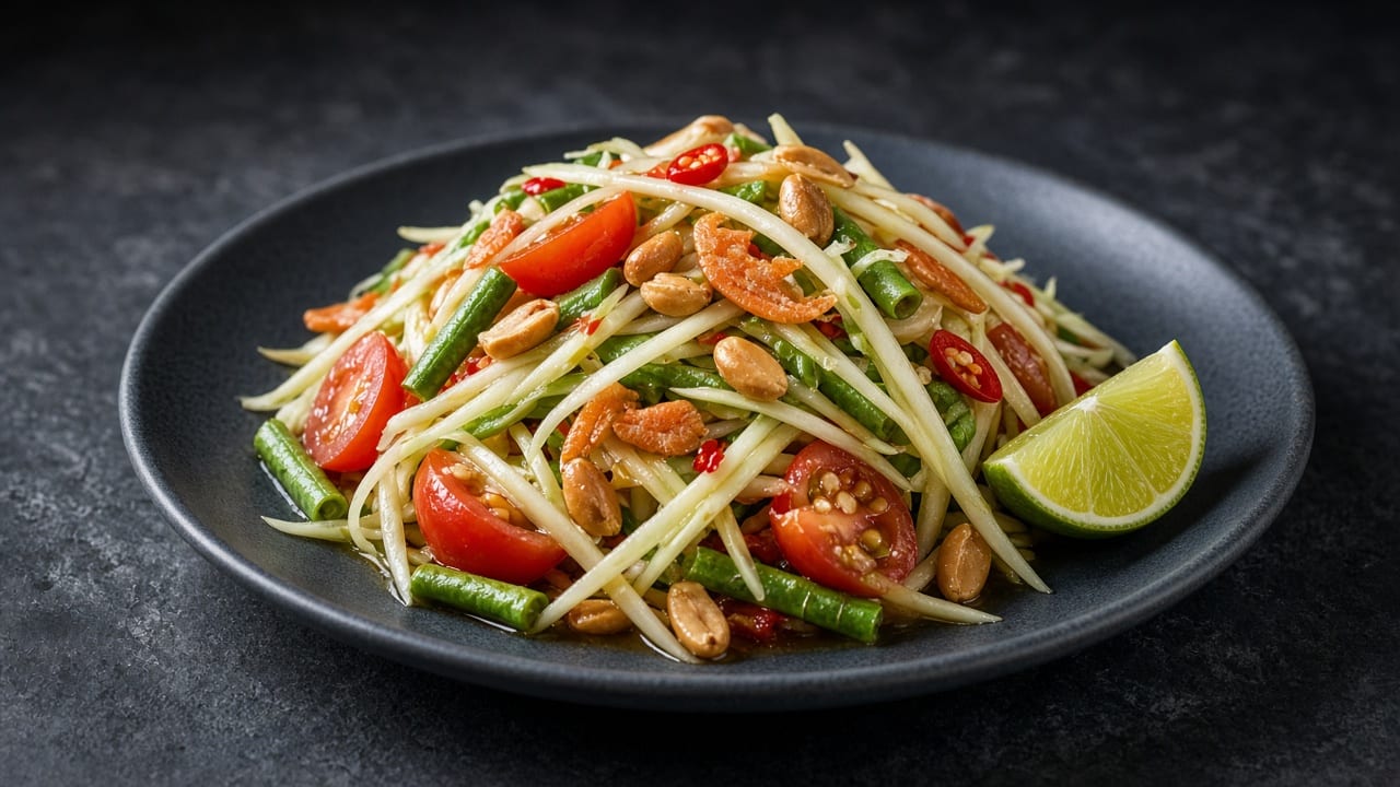 Shredded green papaya with long beans, cherry tomatoes and peanuts, with a lime wedge.