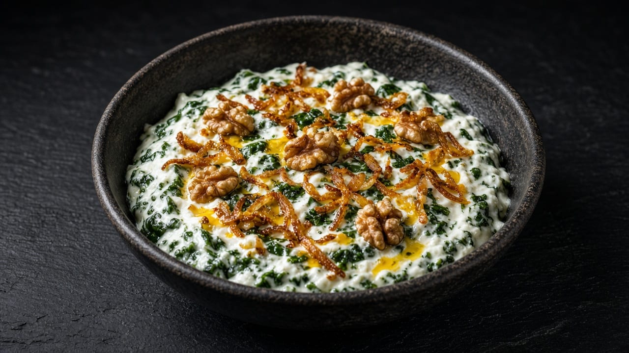 A bowl of pale green spinach and yoghurt dip drizzled with olive oil.