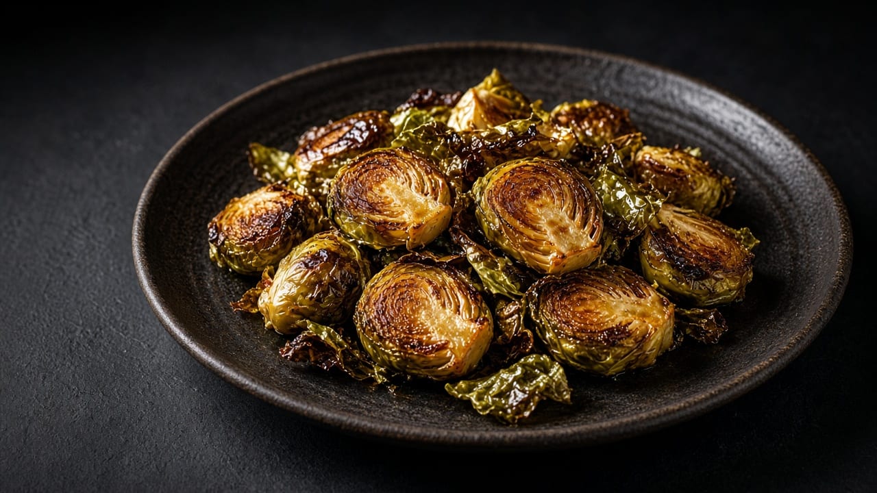 Halved Brussels sprouts roasted until deeply charred on their cut sides.