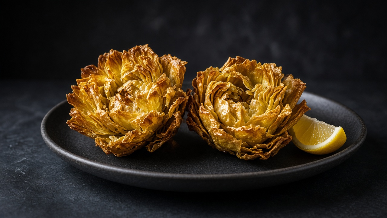 Whole deep-fried artichokes opened like bronze flowers with lemon wedges.