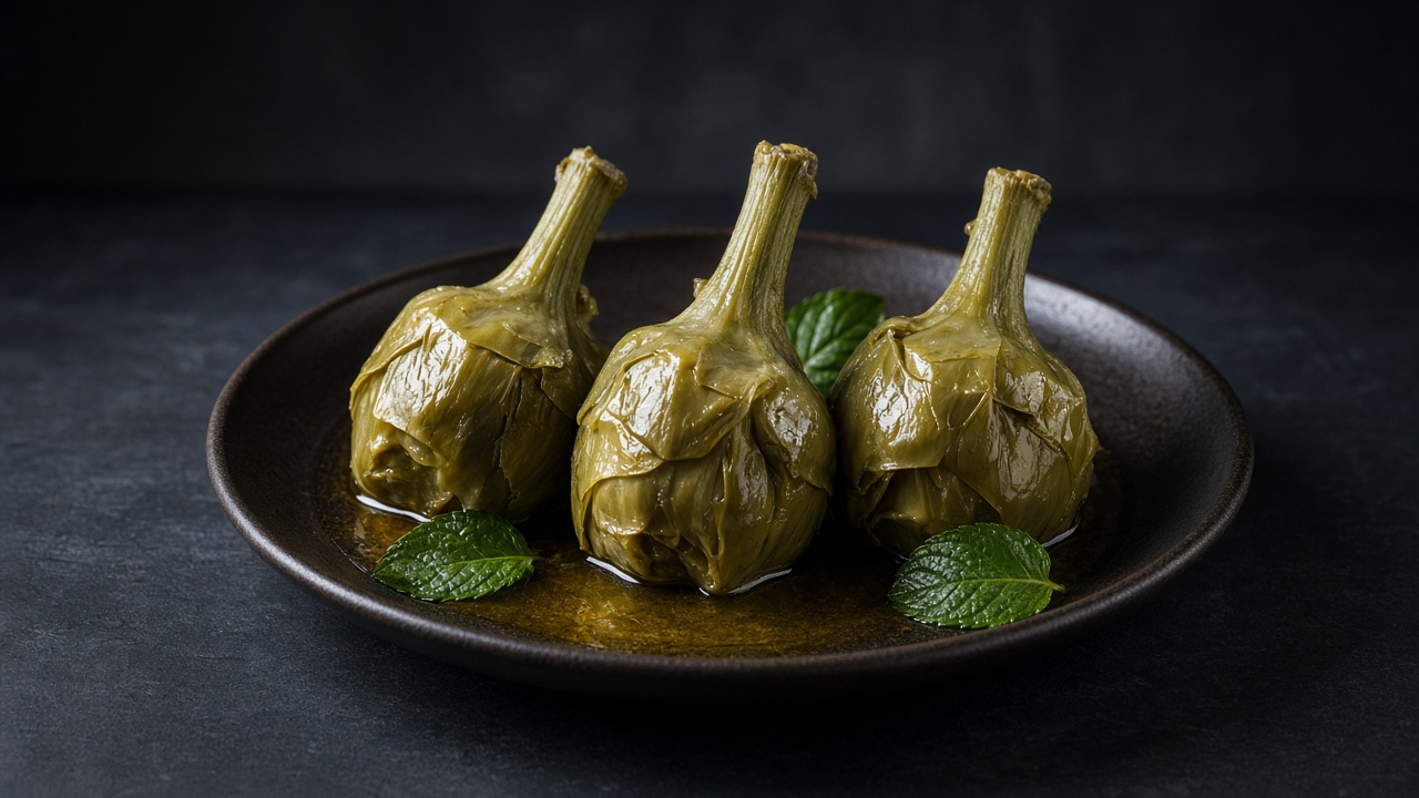 Whole braised artichokes standing stem up with herbs and olive oil.