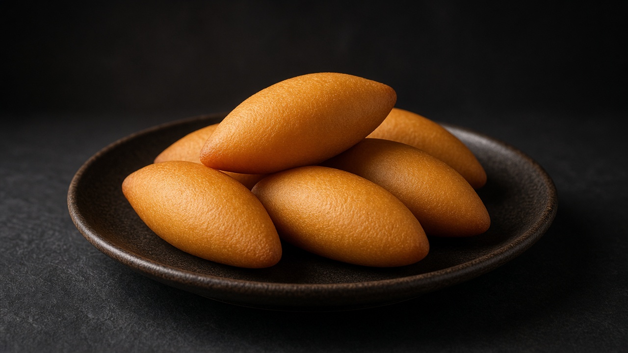 Golden, smooth oval fried cornmeal dumplings piled on a dark plate.