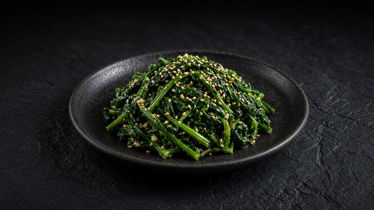 A mound of glossy dark green seasoned spinach sprinkled with sesame seeds.