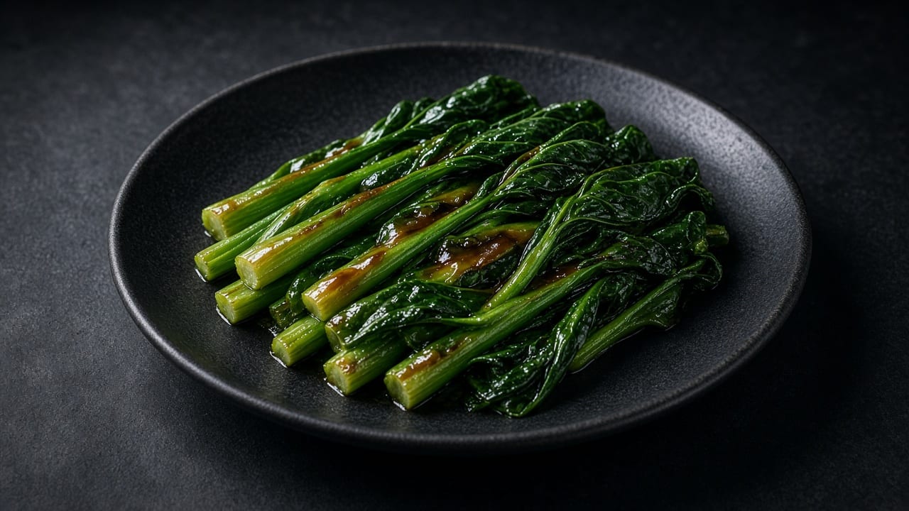 Long stalks of bright green gai lan glossed with oyster sauce on a dark plate.
