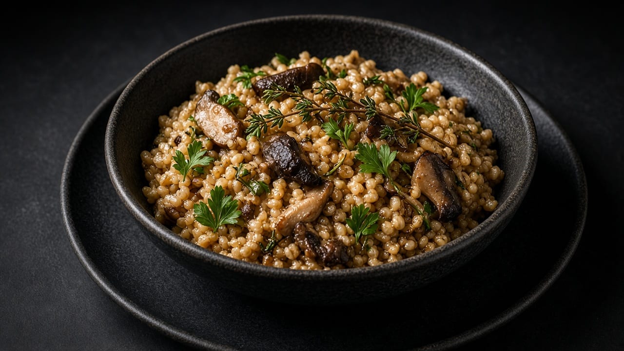 A bowl of plump pearl barley with browned sliced mushrooms and parsley leaves.