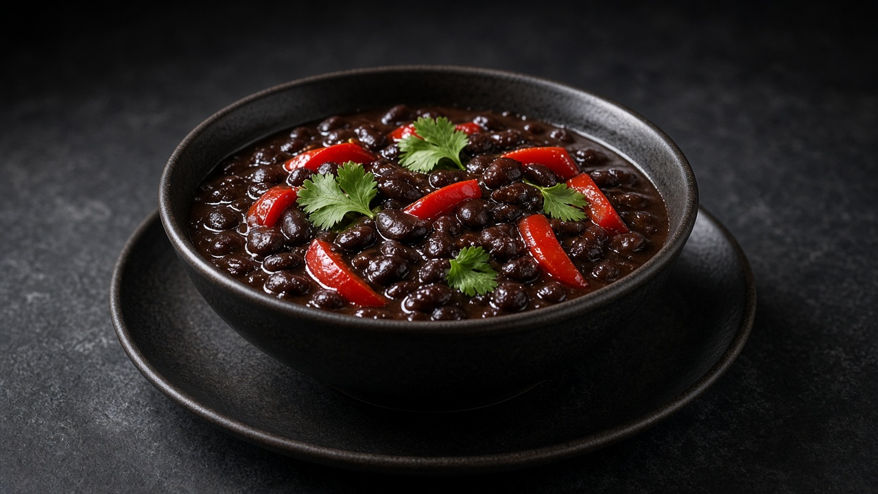 A bowl of thick, dark simmered black beans flecked with red pepper and topped with chopped coriander and pepper strips.