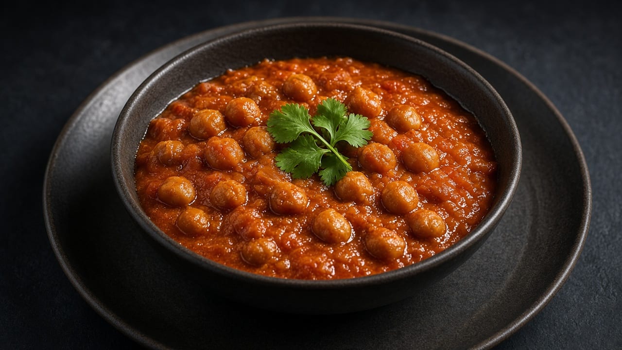 A bowl of chickpeas in a thick russet tomato gravy topped with a sprig of fresh coriander.