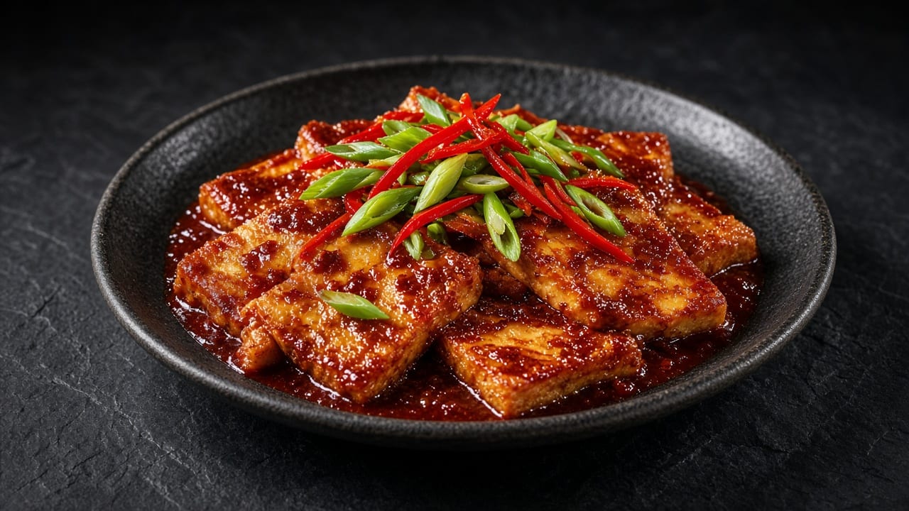 Golden tofu slices in a glossy red chilli sauce topped with red chilli and spring onion strips.