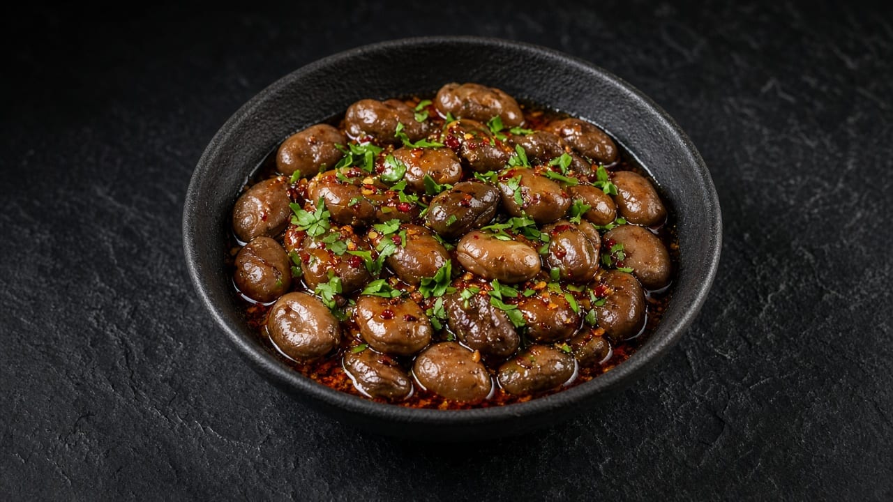 Whole fava beans glossy with red chilli oil and chopped parsley in a bowl.