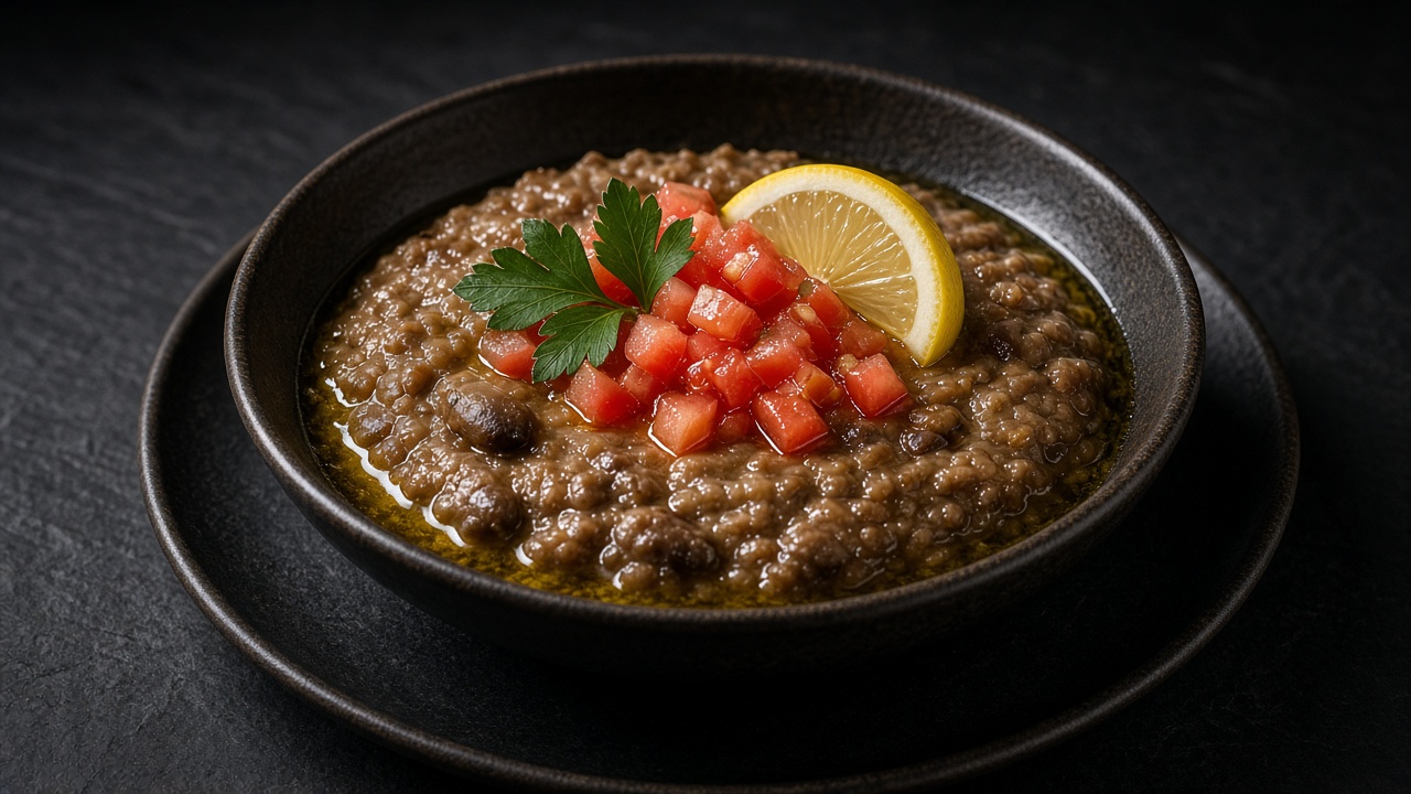A shallow bowl of mashed fava beans topped with diced tomato, onion and parsley under a pool of olive oil.