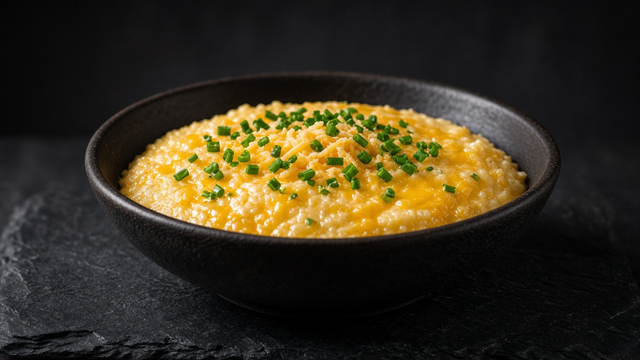 Creamy yellow grits with melted cheddar, topped with snipped chives.