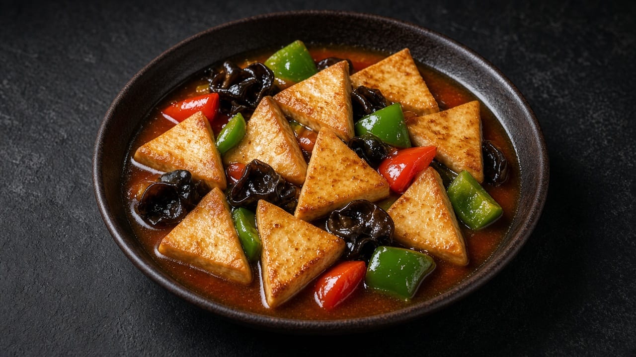 A wok of golden fried tofu pieces tossed with green pepper, carrot and bamboo shoots in a glossy dark sauce.